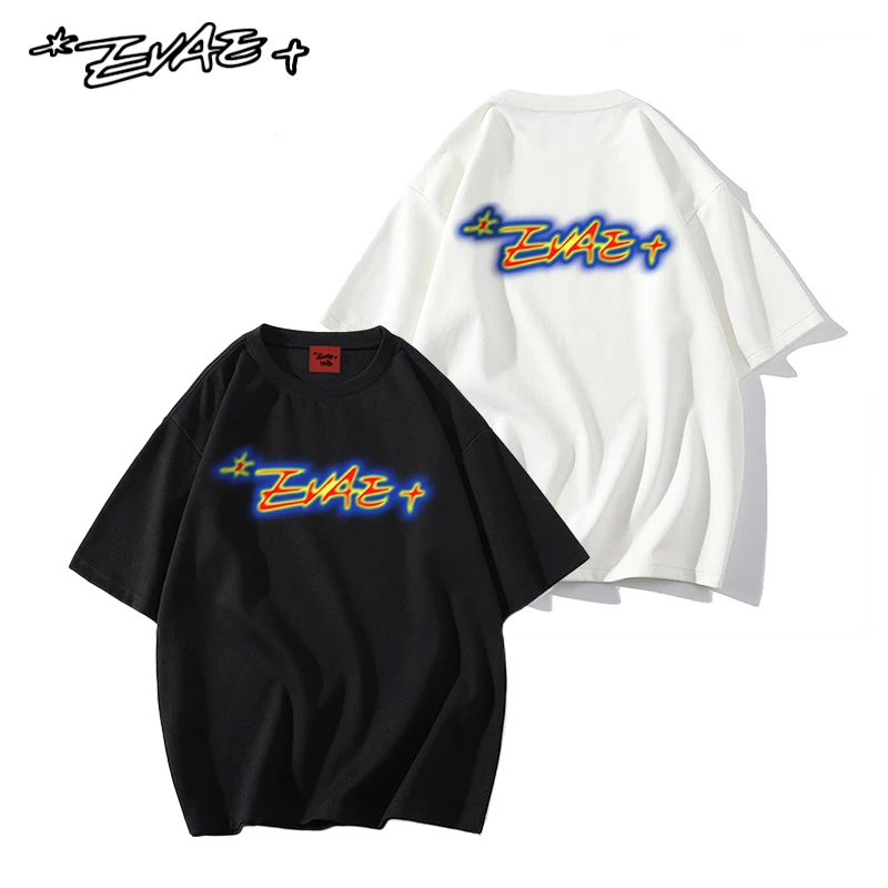 *EVAE+ MOB时尚夏季Logo徽标印花纯棉圆领短袖美式复古情侣款T恤