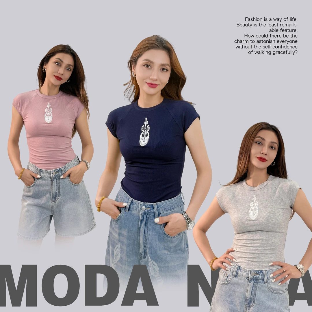 （菲娅推荐）T恤显瘦百搭短袖法国细螺纹刺绣高定高品质（2025款新）