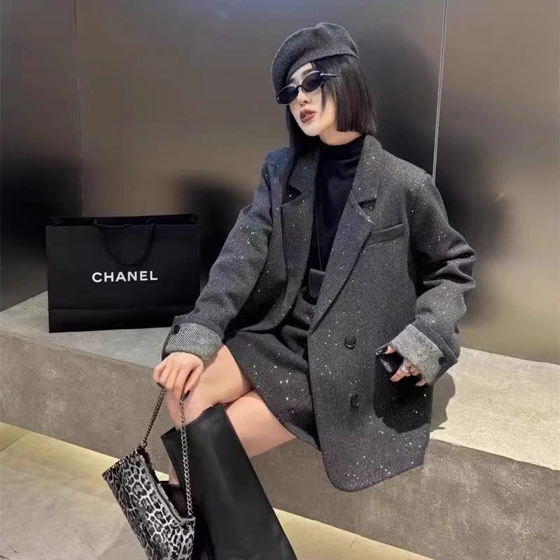亮片毛呢加棉西装外套女冬季新款高级感加厚西服上衣24057#