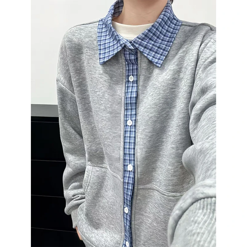 韩系高级感衬衫领拼接假两件卫衣秋冬男款慵懒风潮流开衫情侣外套