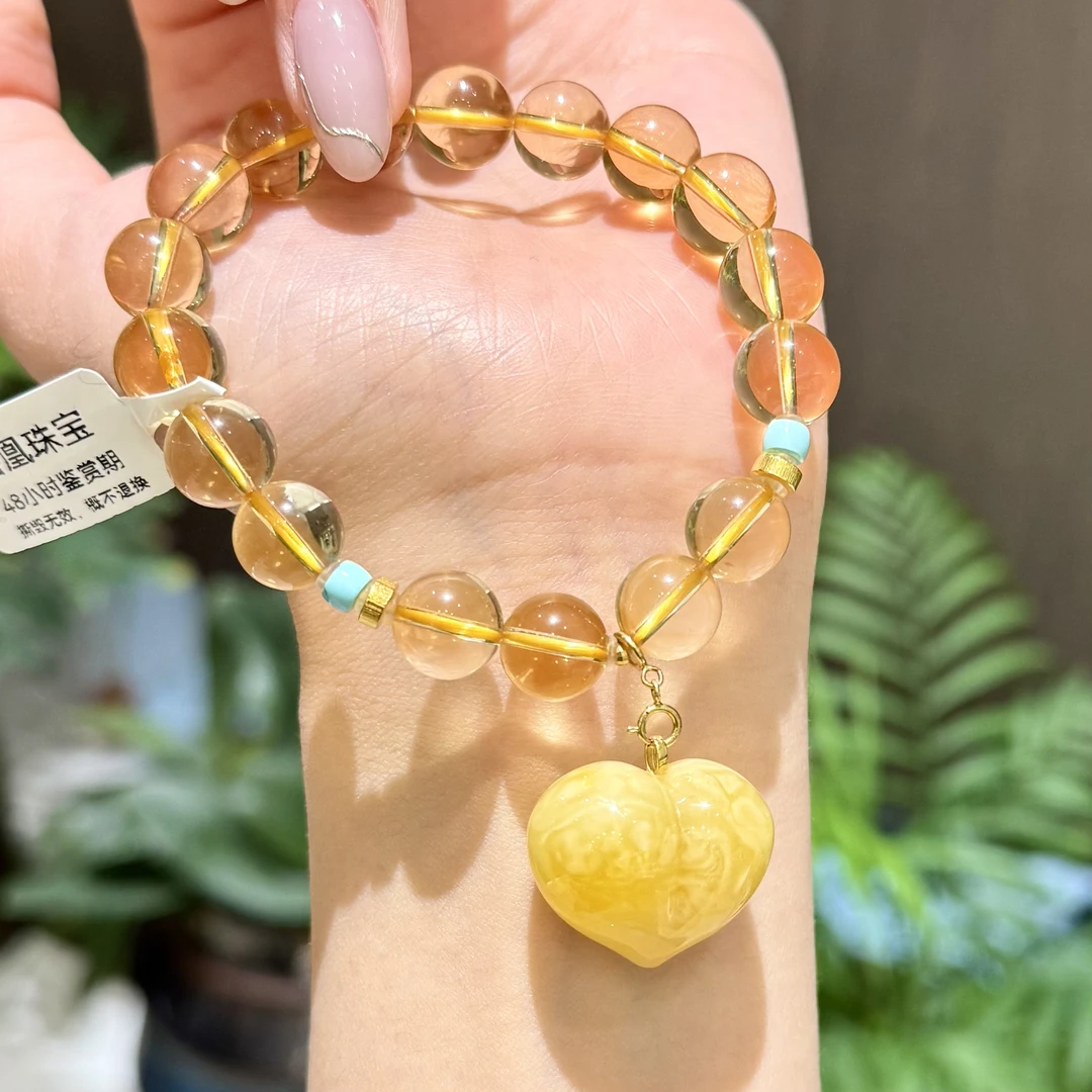 【裕凰珠宝】天然黄水晶手串10mm+全净体浓郁黄黄水晶手串蜜蜡爱心