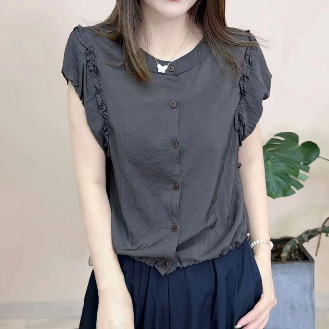 薄款宽松夏今年流行荷叶短袖纯色小衫上衣中年妈妈女装新款乐125