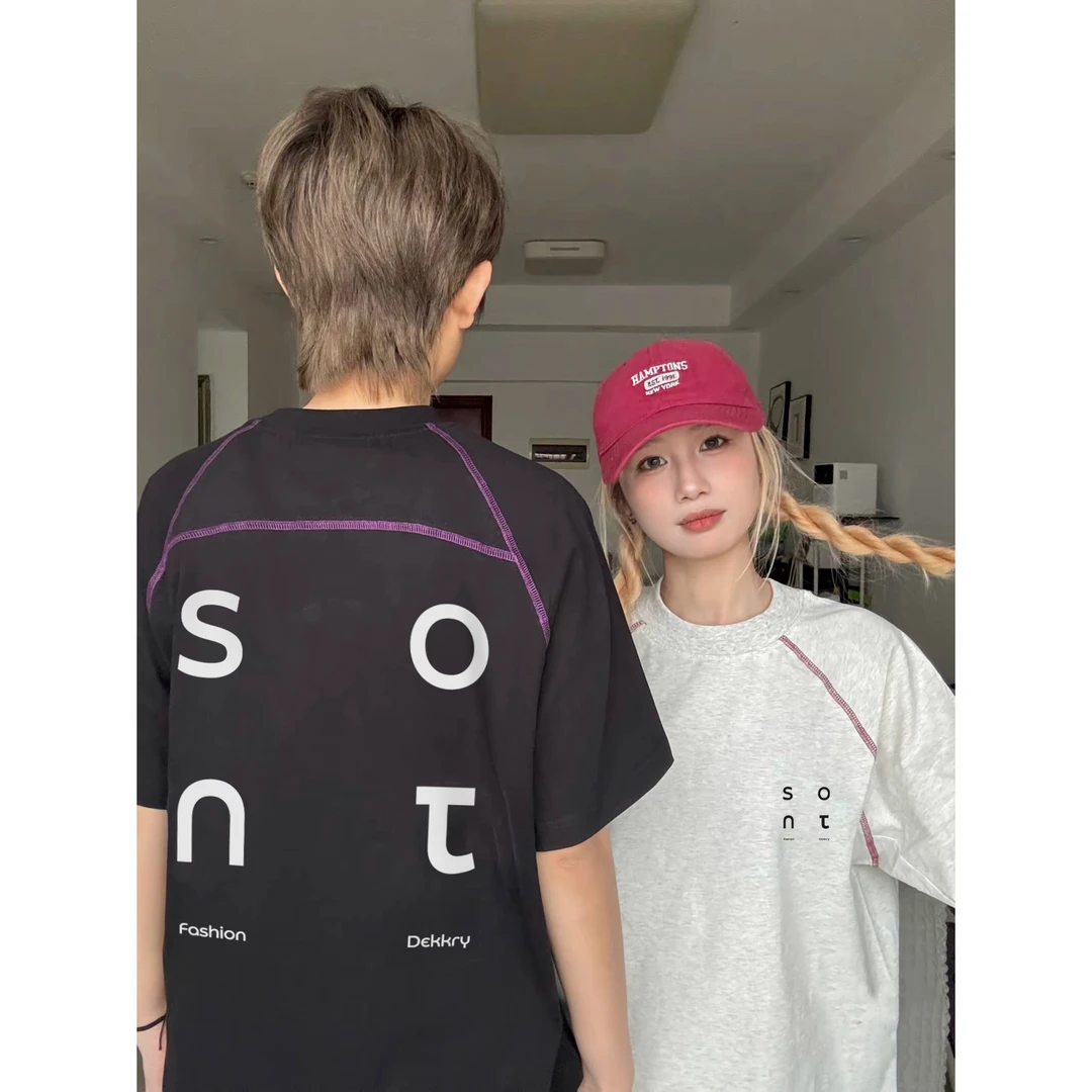 原创纯棉美式复古线条t恤男女夏季运动短袖高级感潮牌休闲上衣ins