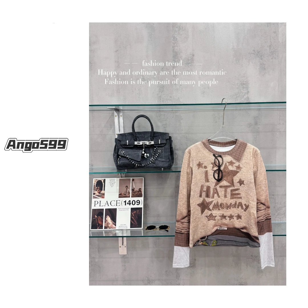 星期一* 早秋趣味假两件3D印花眼镜挂饰打底衫