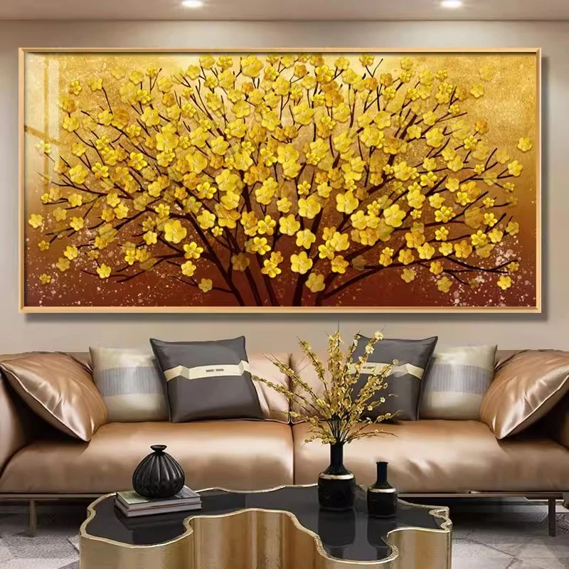 轻奢大气客厅钻石画2025新款满钻金色发财树抽象花开富贵砖石贴画