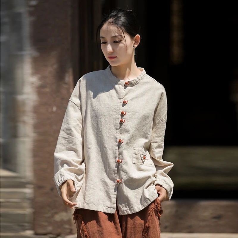 2025春装新款文艺复古苎麻上衣衬衫女中国风盘扣外套禅意长袖衬衣