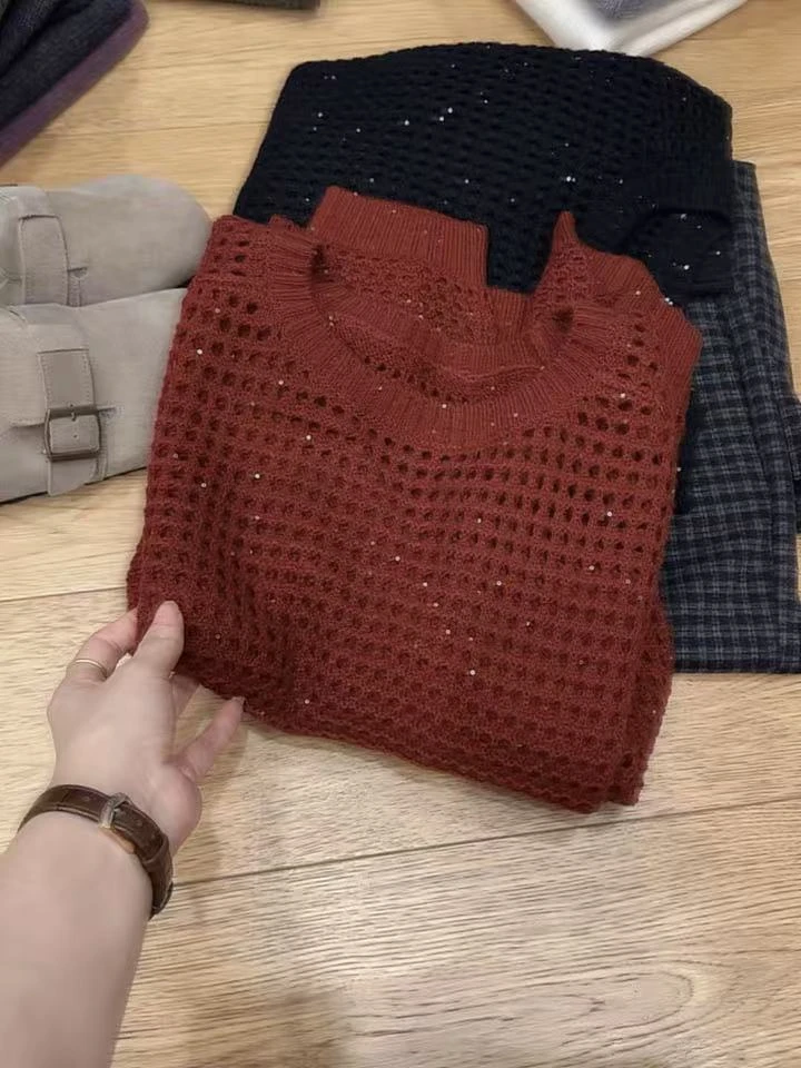 七言家巨好看！ins穿搭#红色镂空亮片插肩毛衣3339