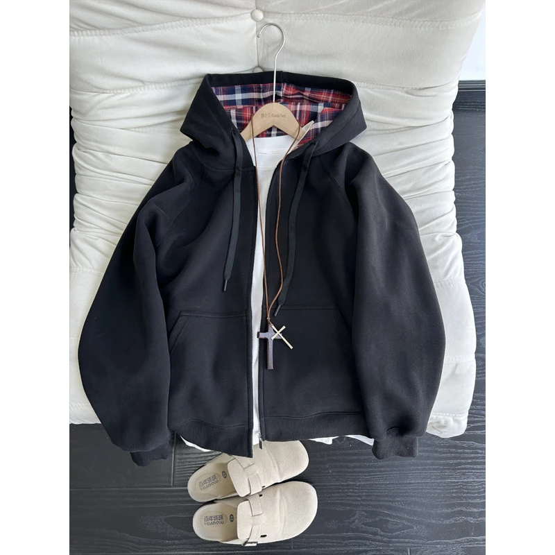 美式格子连帽开衫卫衣男款春秋季cleanfit外套宽松潮牌情侣夹克衫