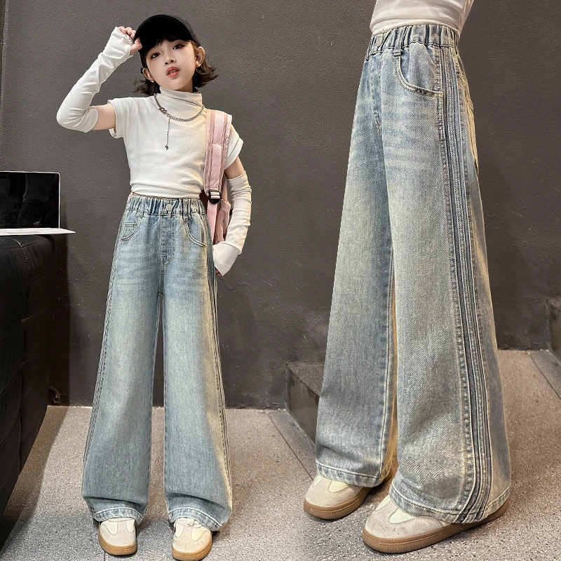 2025春季新款女童韩版侧边拉条牛仔裤休闲直筒阔腿裤女