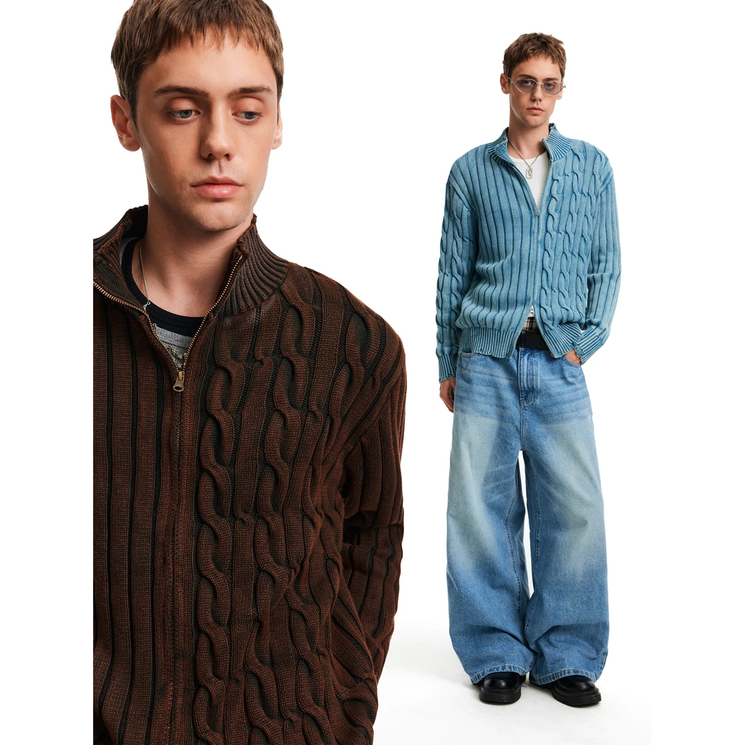 MADWITCH秋冬复古水洗麻花坑条设计针织毛衣男女宽松休闲开衫外套