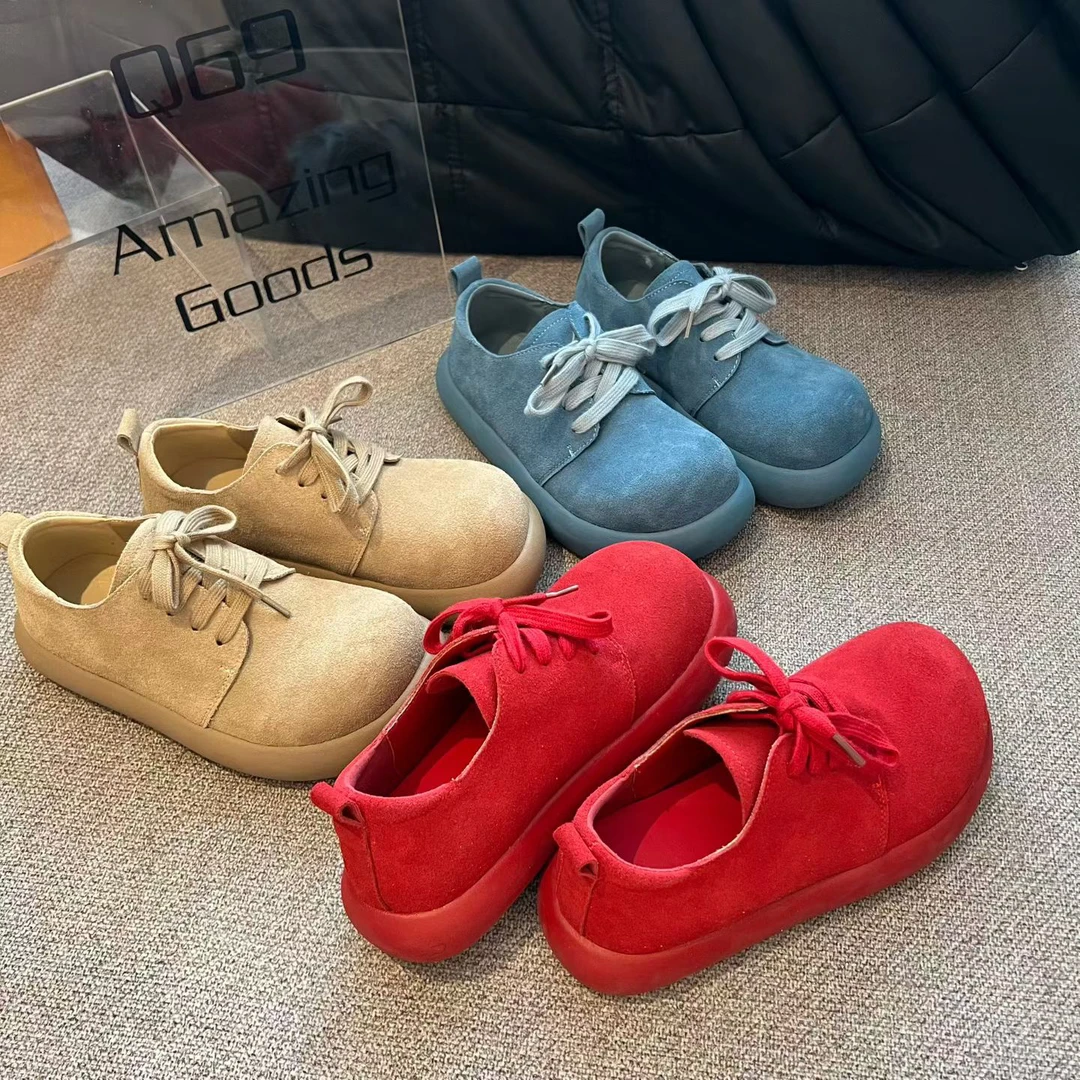 广州欧货【彩虹豆】早春新款真皮4cm减龄学院气质百搭磨砂皮松糕鞋