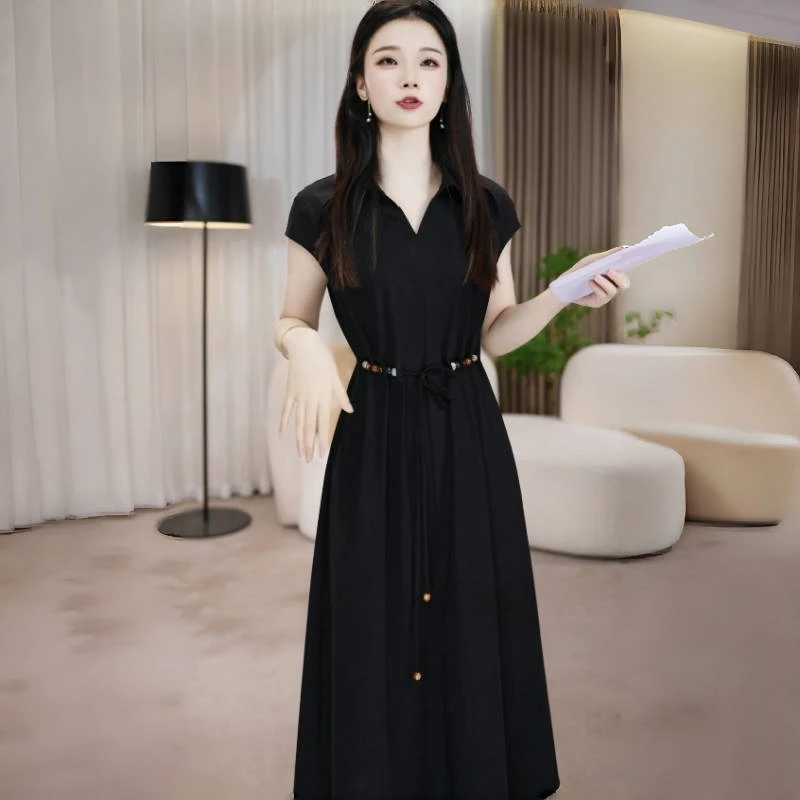 冰丝四面弹短袖连衣裙显瘦气质长裙夏季法式收腰连衣裙显瘦气质