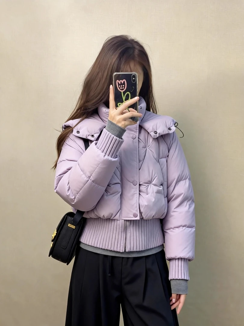 紫色针织拼接连帽棉服女气质巨好看的冬装外套韩系减龄棉袄短款