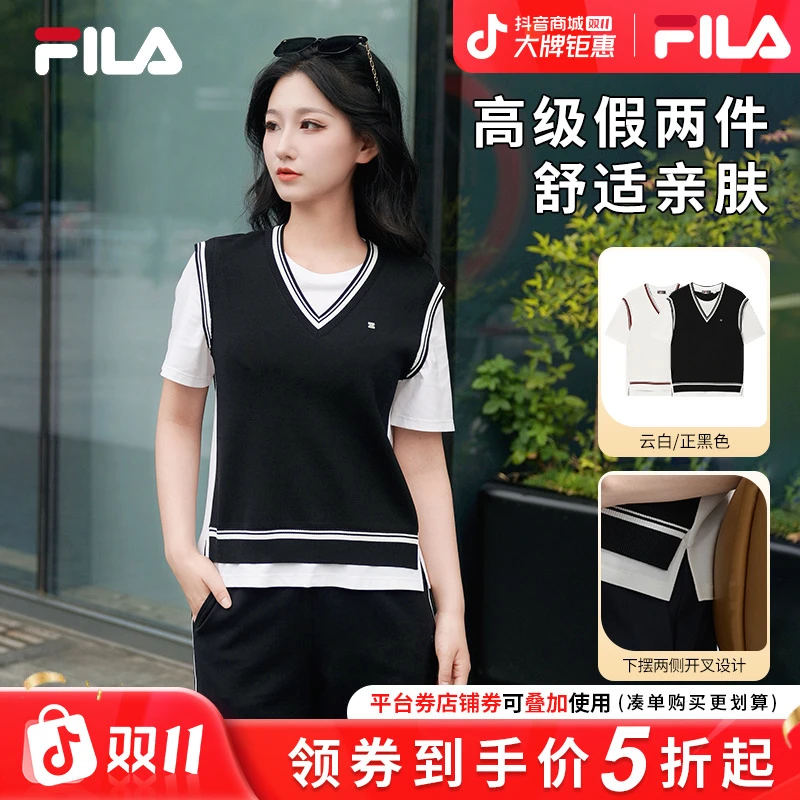 【气质优雅编织衫】FILA斐乐女装秋季新款V领短袖假两件F11W533102F