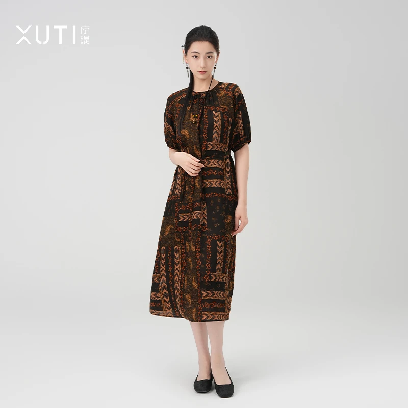 序缇春夏新款国风新中式女装香云纱桑蚕丝连衣裙S06-13220