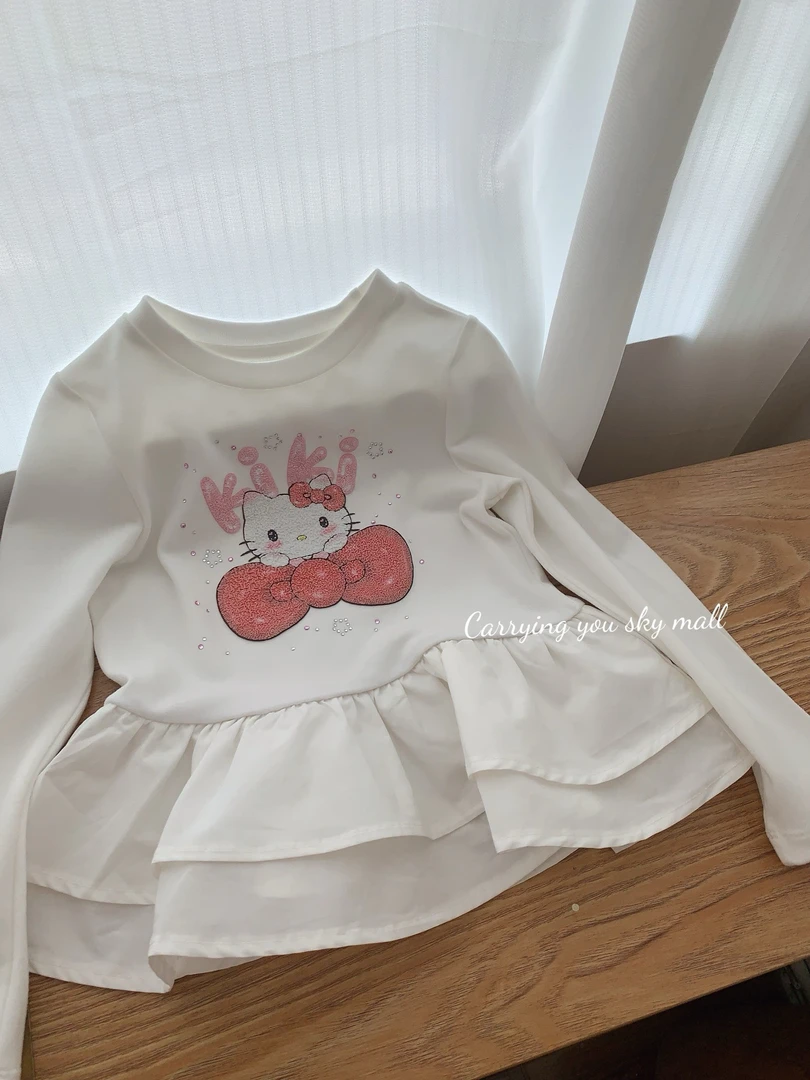 ，Kitty 猫常规蝴蝶结春秋女印花长袖卫衣春季女宝白色时