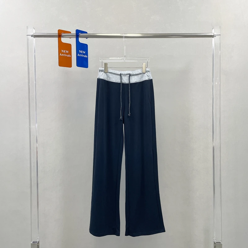 松紧腰抽绳撞色阔腿拖地裤夏季新款高腰显瘦休闲直筒长裤子82379