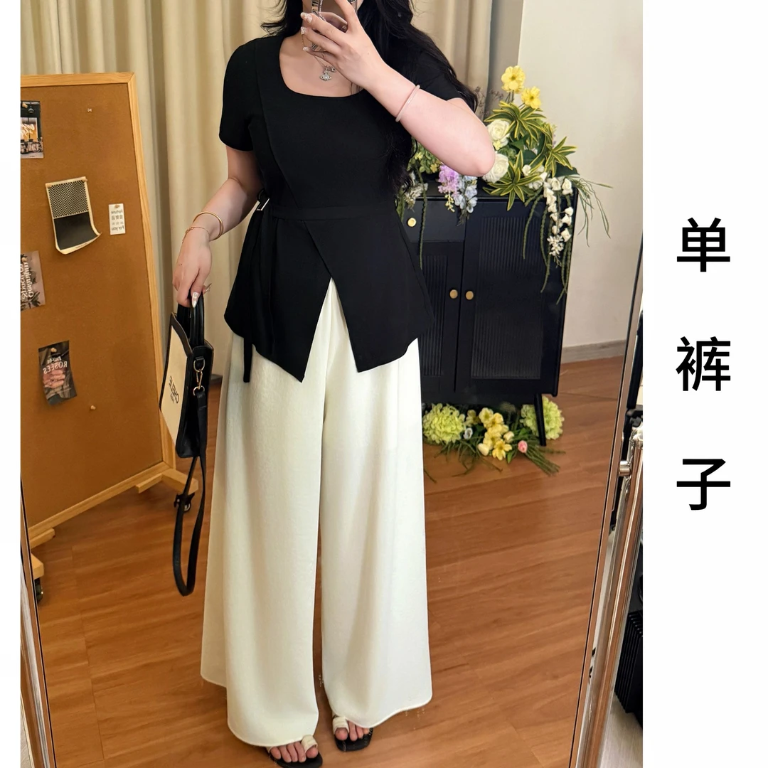 现货【嘎嘎】胖MM春季新款显瘦百搭显瘦高腰休闲阔腿弹力裤裙04003D