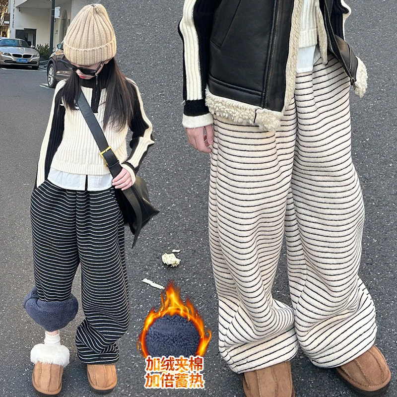 女童加绒裤子休闲运动直筒裤洋气条纹裤一体绒保暖冬装2025冬季