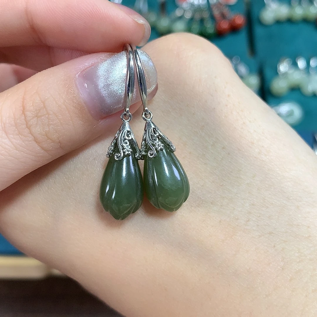 和田玉银S925镶嵌耳饰玉兰花