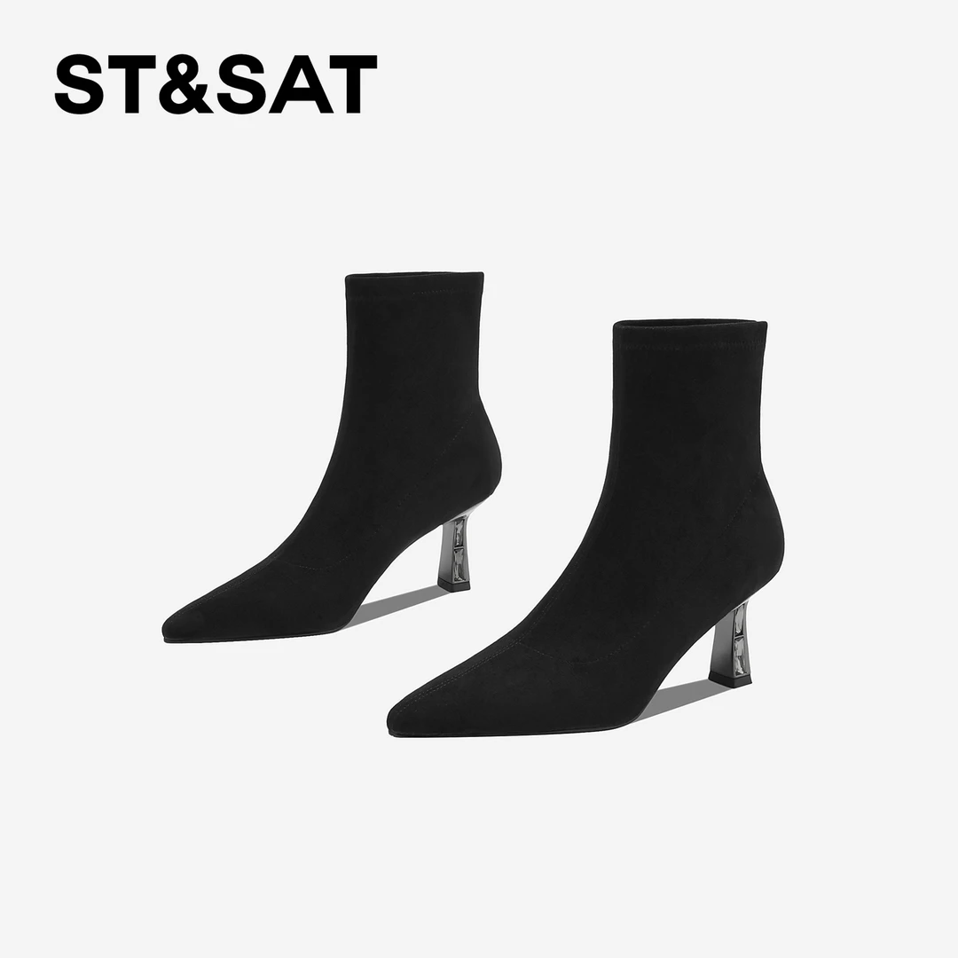 St&Sat/星期六百搭高跟筒靴冬季气质黑色女靴尖头星期六长筒女靴