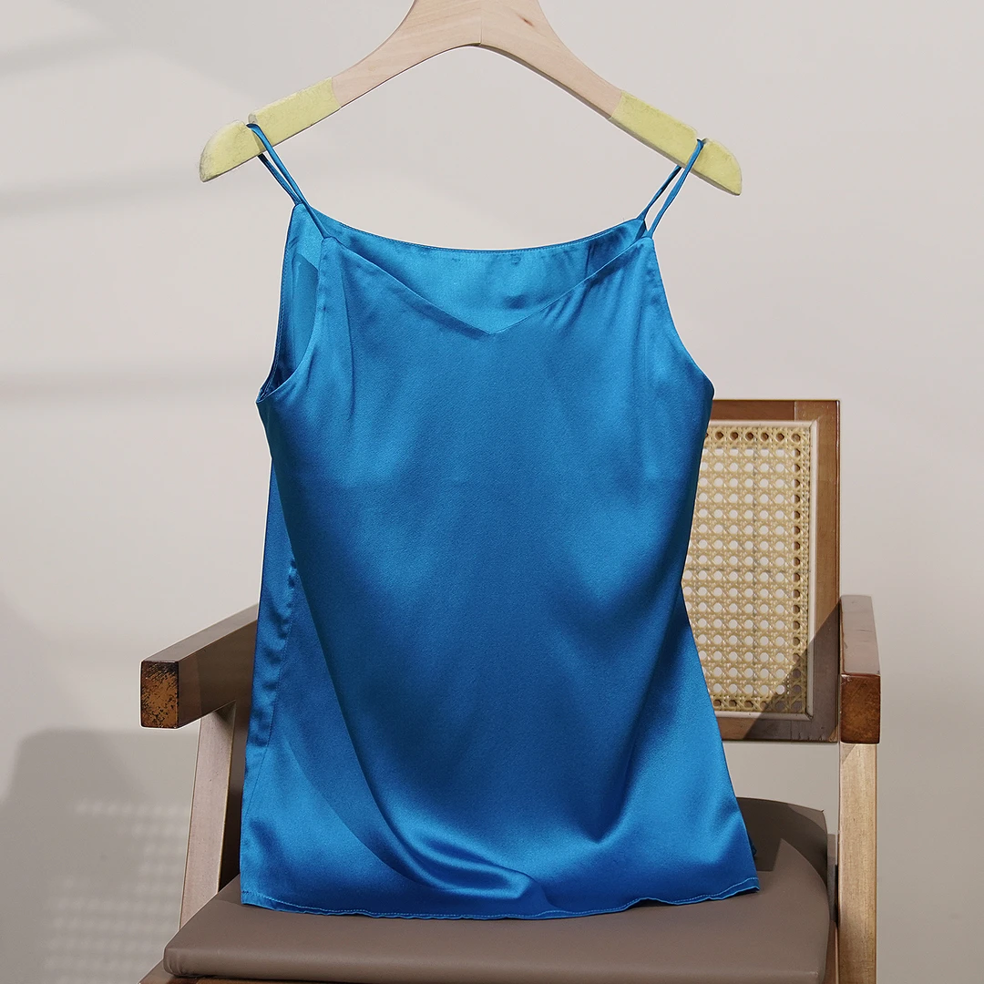 【自辛】92%桑蚕丝纯色百搭背心吊带简约夏季宽松无袖纯色1276 蓝色