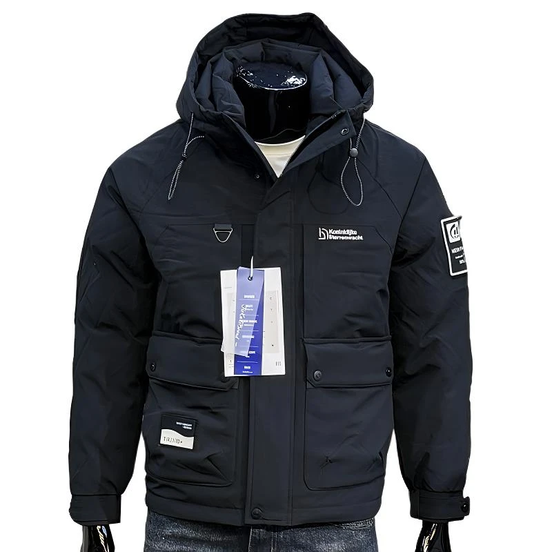 冬季新款工装风连帽羽绒服修身短款字母印花白鸭绒上衣休闲外套男