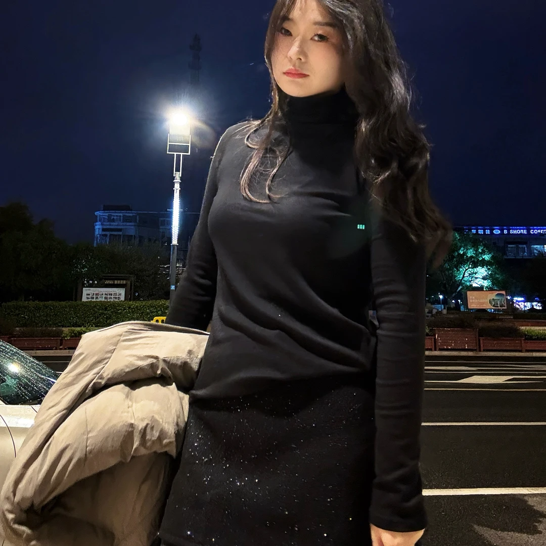 「半高领」纯色磨毛秋冬款长袖T恤打底衫女正肩宽松高弹力显瘦基础