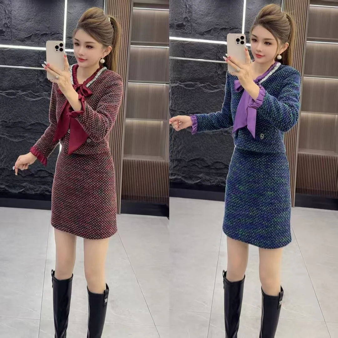 秋冬5134 加棉保暖小香风拼接飘带重工领上衣外套 加 短裙 两件套