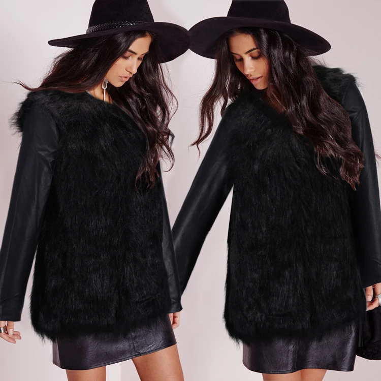 亚马逊速卖通跨境秋冬外贸欧美背心皮袖仿狐狸毛女士短款外套皮衣