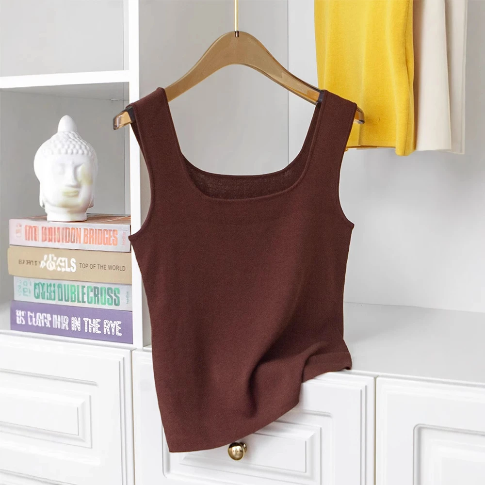 优雅法式复古方领弹力修身显瘦无袖外穿打底衫针织背心【娜家衣柜】