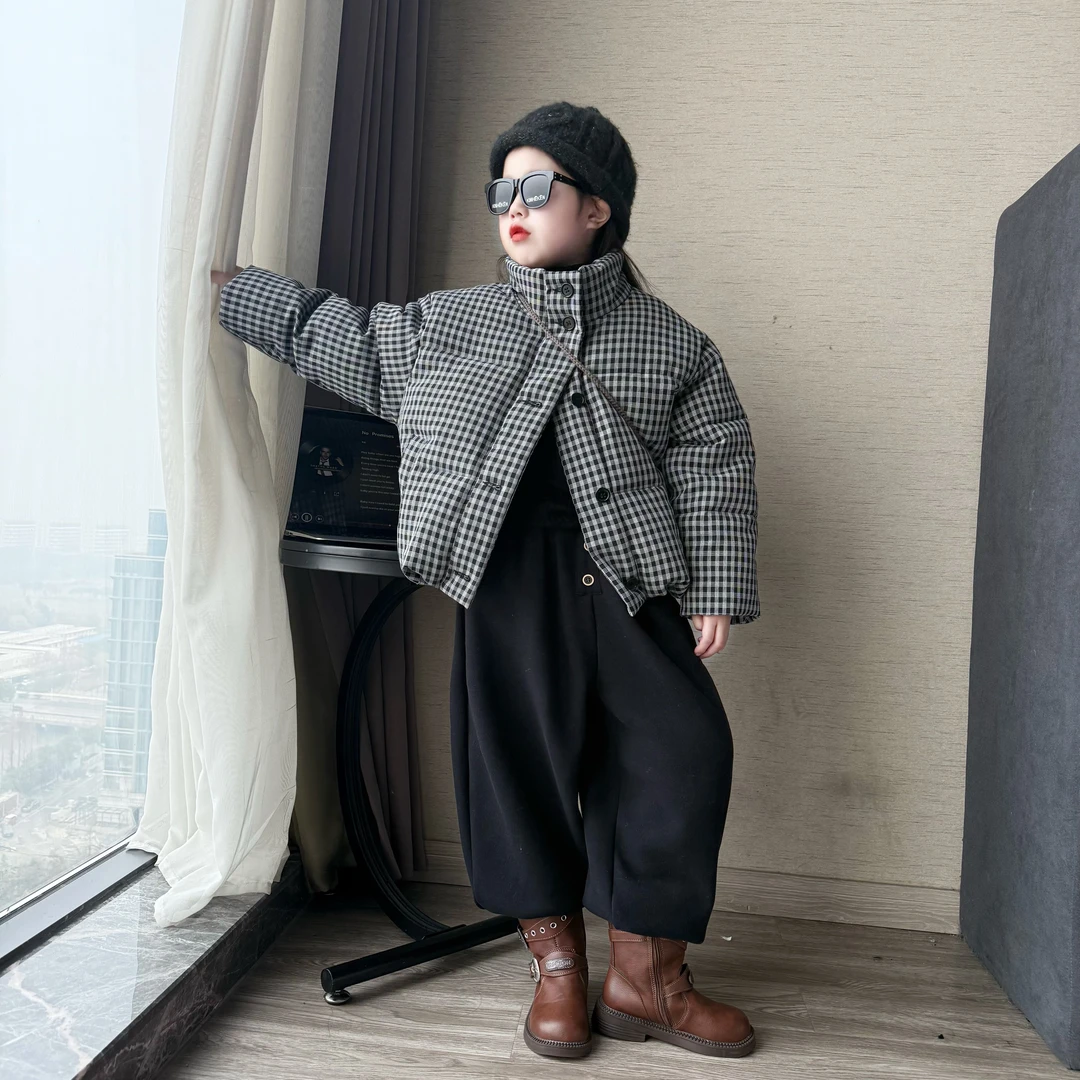 女童韩版冬季新款格子加厚立领棉衣套装儿童洋气面包服加绒束脚裤
