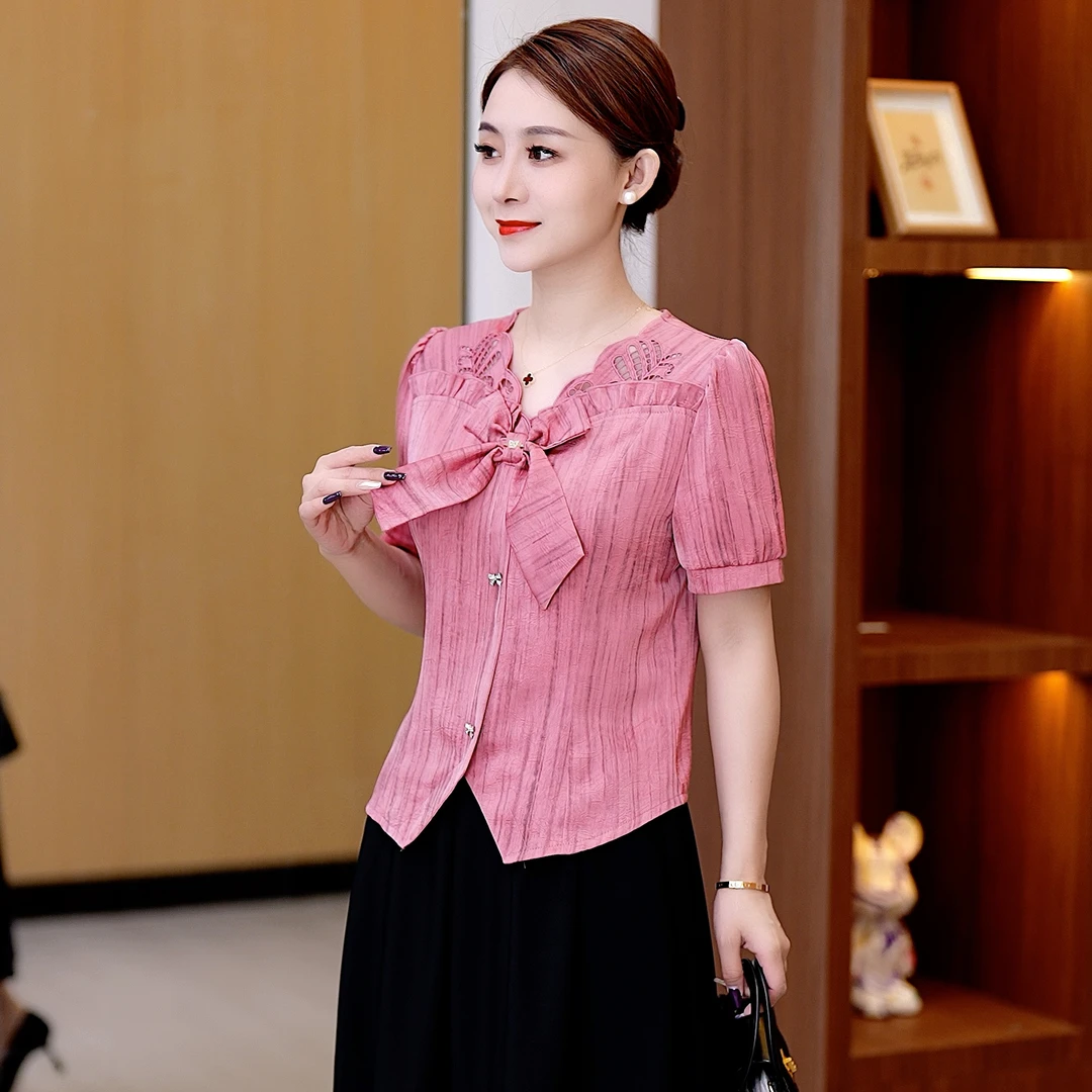 时尚蝴蝶结蕾丝衬衫2025夏季新款洋气时尚T恤韩版宽松短袖上衣女