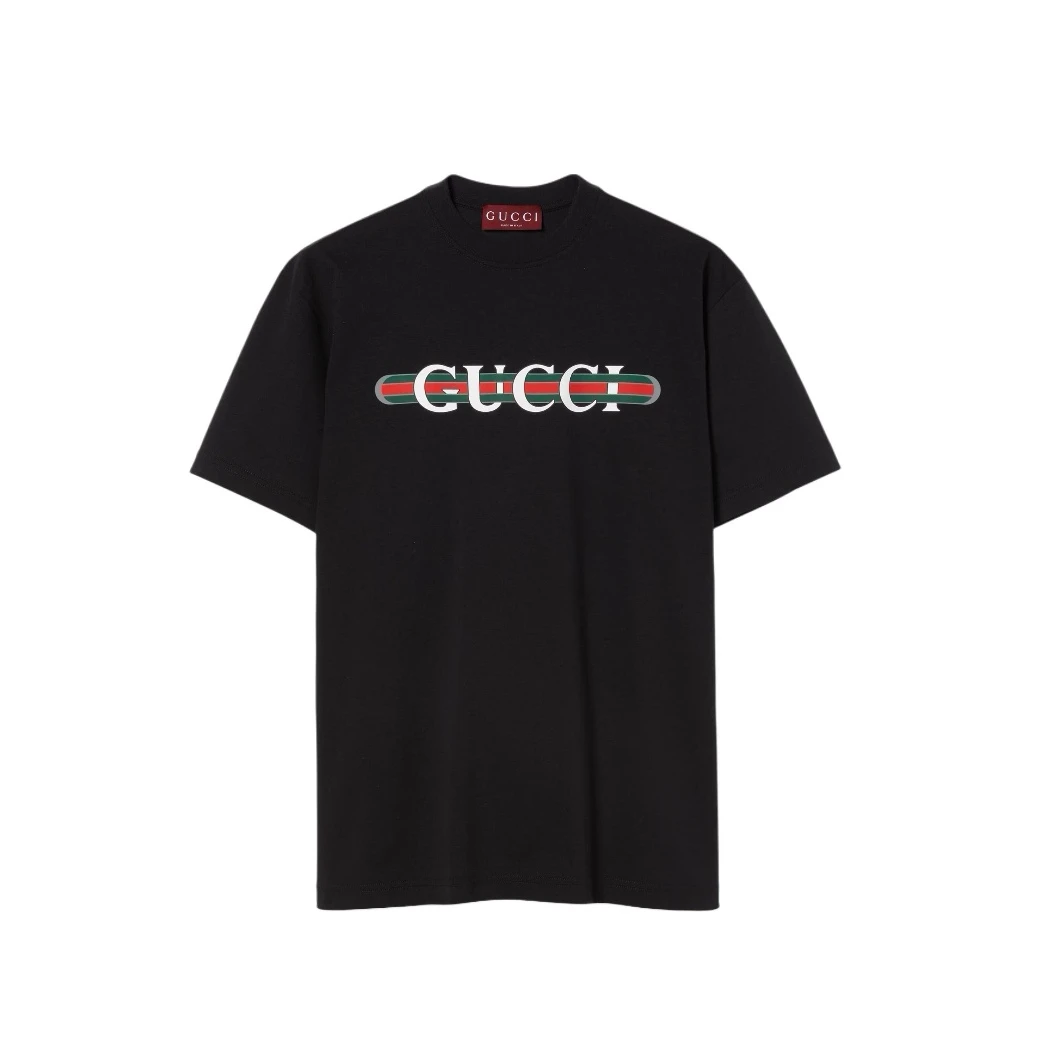 全新未使用 GUCCI/古驰 黑色经典红绿复古字母印花logo短袖T恤