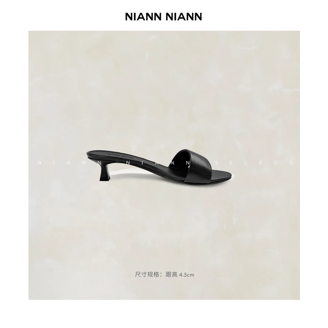 NiannNiann 新品进口羊皮法式复古舒适百搭一字猫跟拖鞋15586