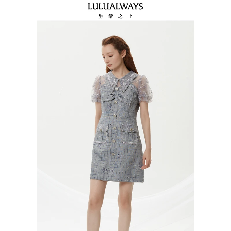 LULUALWAYS夏季法式蕾丝格纹拼接连衣裙LNB5021