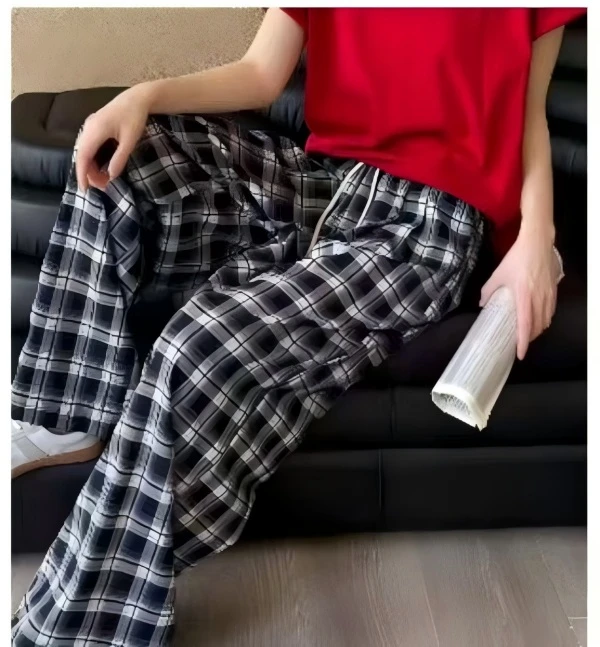 1789 韩系复古格慵懒风松紧腰抽绳阔腿裤 F80