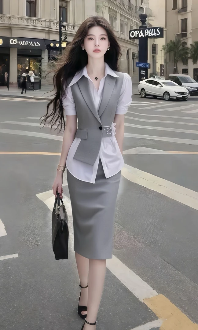 法式温柔知性风设计感衬衫领修身收腰短袖灰色上衣短裙女时尚套装