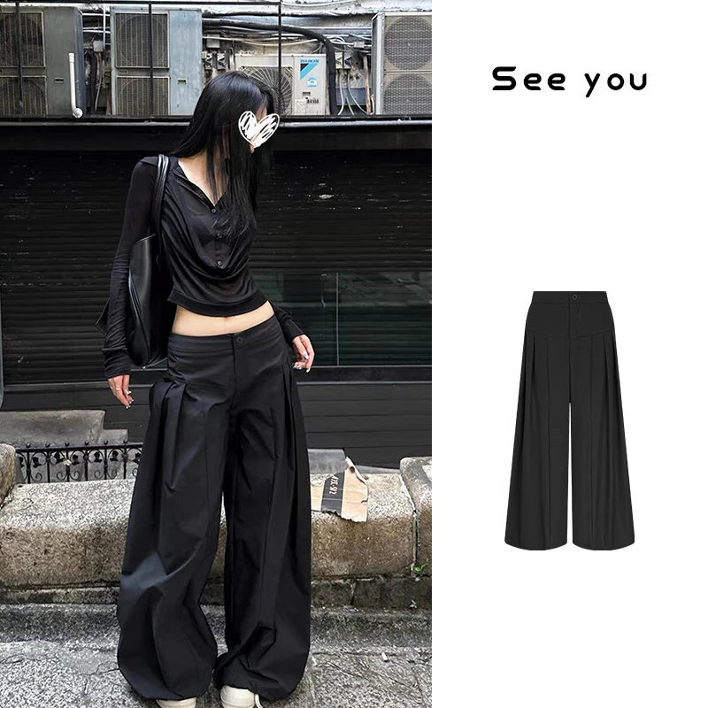 夏季薄款低腰设计感阔形工装裤显瘦阔腿长裤冲锋裤女X1043