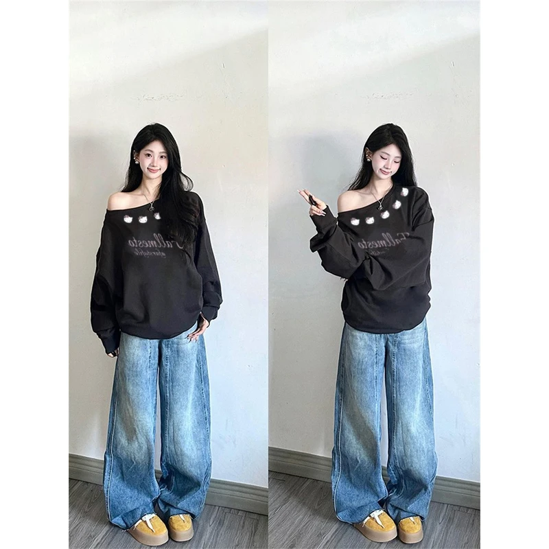 【ZHAP】斜领露肩百搭卫衣女秋季新款黑色通勤欧美风可爱印花宽松上