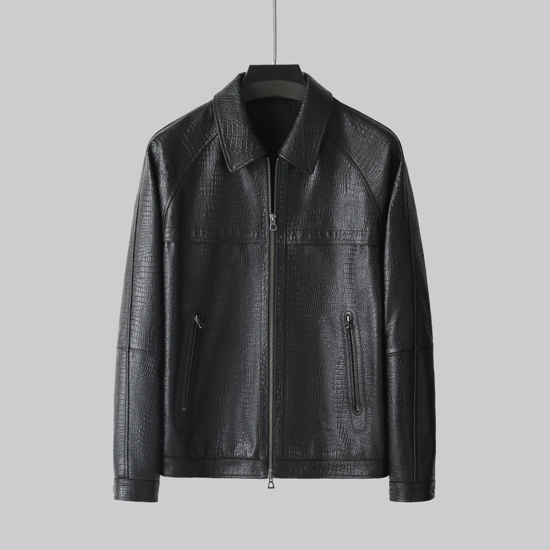 25015-1海宁皮衣潮男轻奢翻领机车夹克外套油蜡双拉鹿皮皮衣