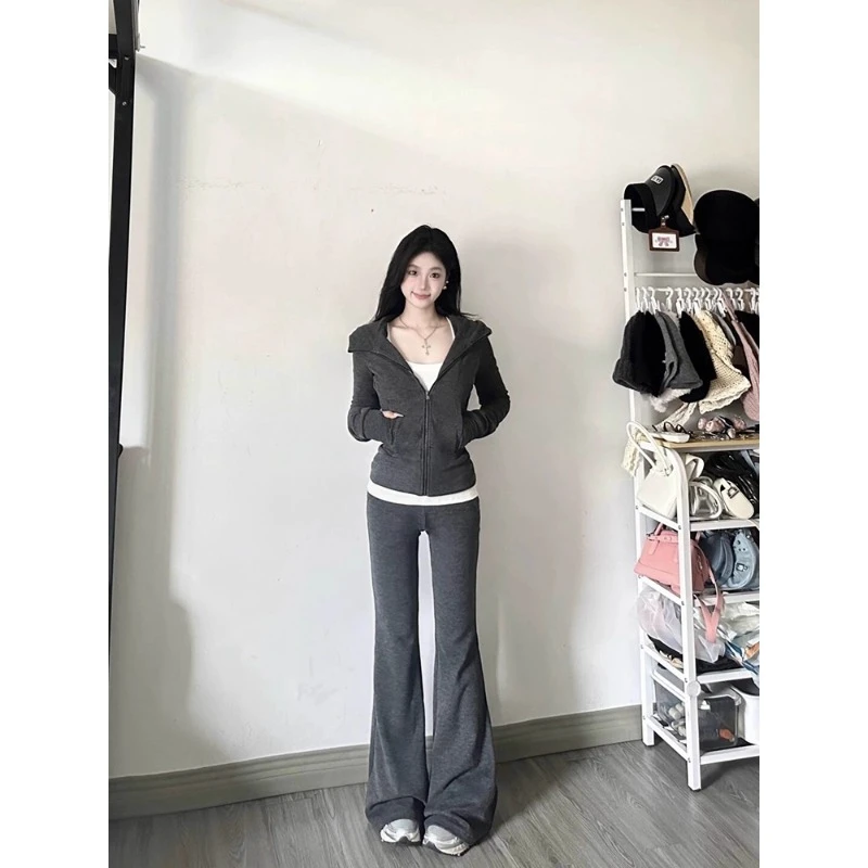 灰色修身卫衣外套女秋冬季巨好看老钱风休闲运动套装韩系早秋穿搭