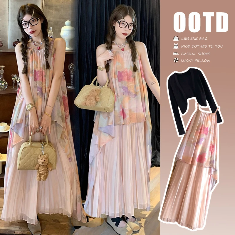 时髦孕妇装新款百褶吊带设计感防晒衣碎花显瘦气质网红时尚连衣裙