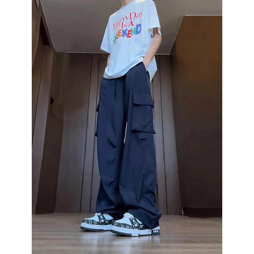 藏青色工装冰丝裤男生夏季薄款高个子加长美式裤子速干防晒伞兵裤