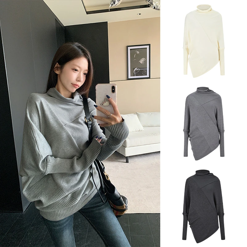 Moses Queen/魔西女王不规则高领毛衣松弛感慵懒风蝙蝠袖针织上衣