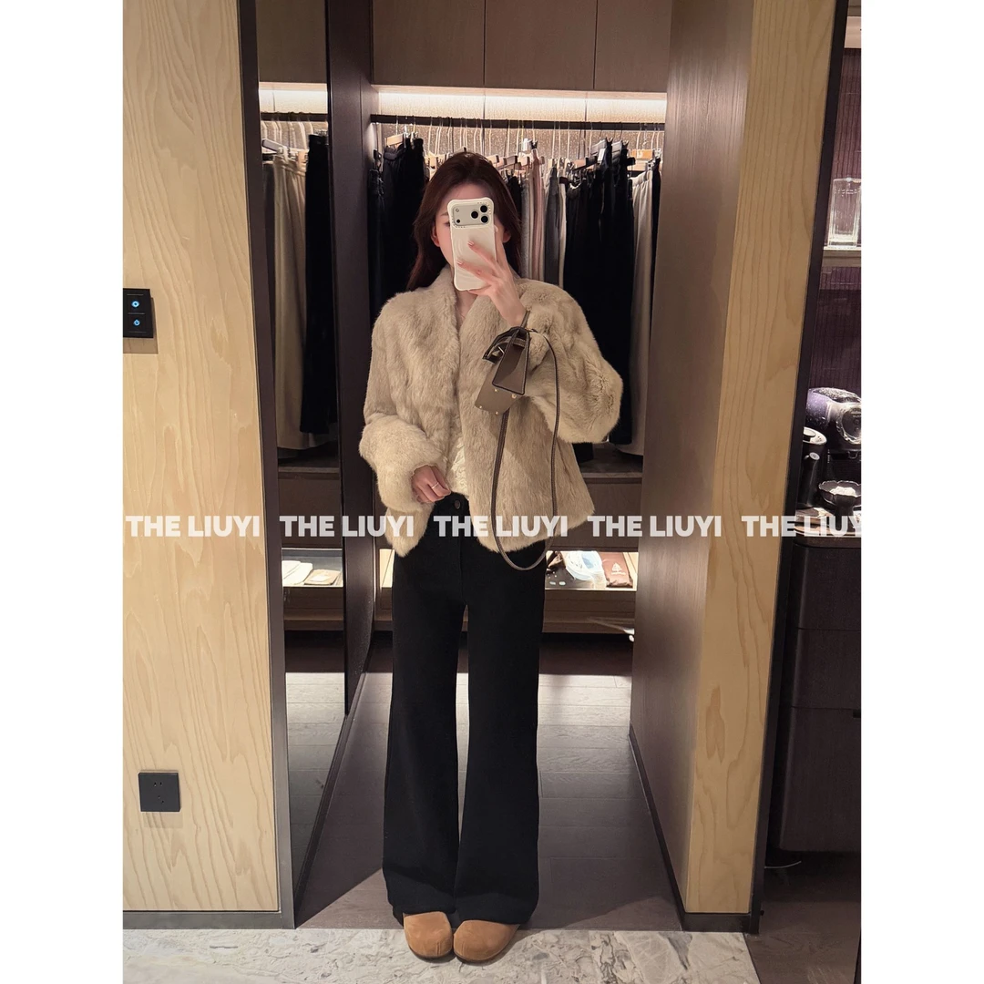 【LIUYI】冬季高弹厚绒百搭高腰微喇牛仔裤51030B8