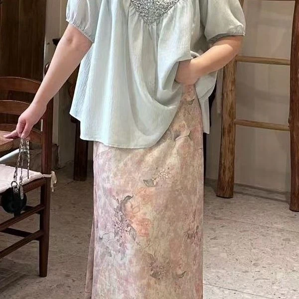 晶咕【窈窕淑女】水墨印花侧开叉半身裙显瘦半身裙碎花气质洋气