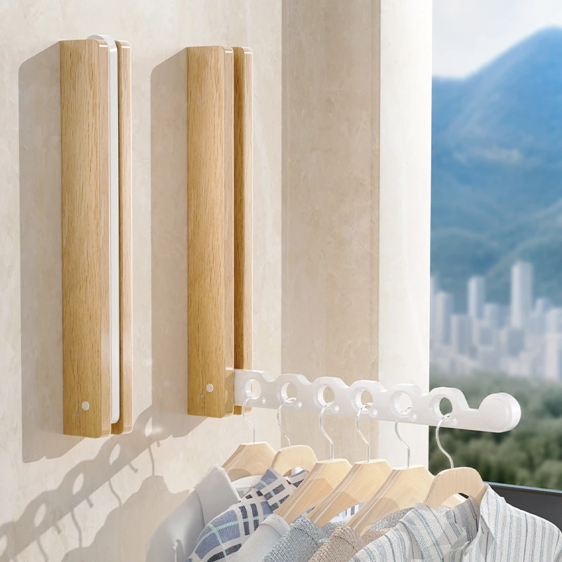 日系原木风晾衣架家用阳台室内免打孔壁挂式伸缩折叠隐形凉晒衣杆