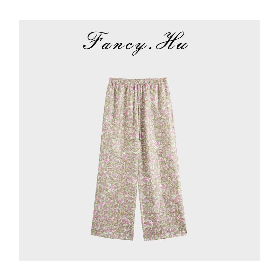【Fancy.Hu】100桑蚕丝19姆米可机洗碎花松紧腰夏季长裤FG2602163