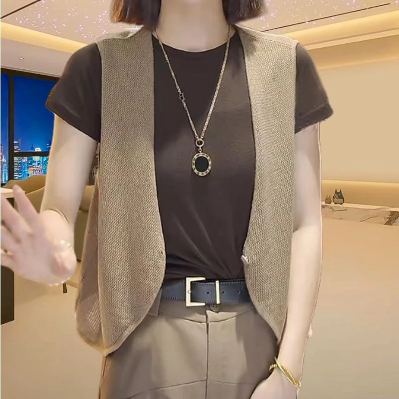 夏季气质无袖针织马甲女士2025休闲时尚宽松开衫披肩纯色背心马夹
